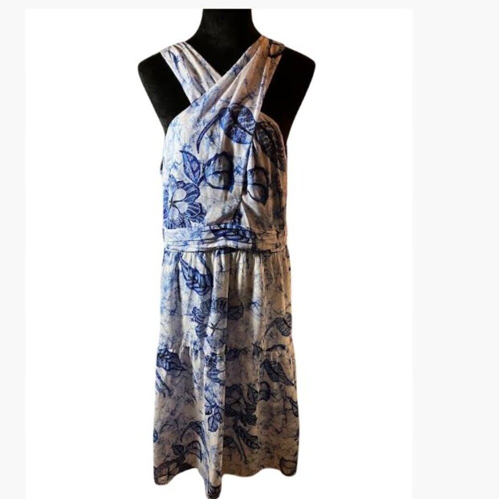 White House Black Market Blue White Clip Dot Halter BoHo Midi Dress Size 14 EUC
